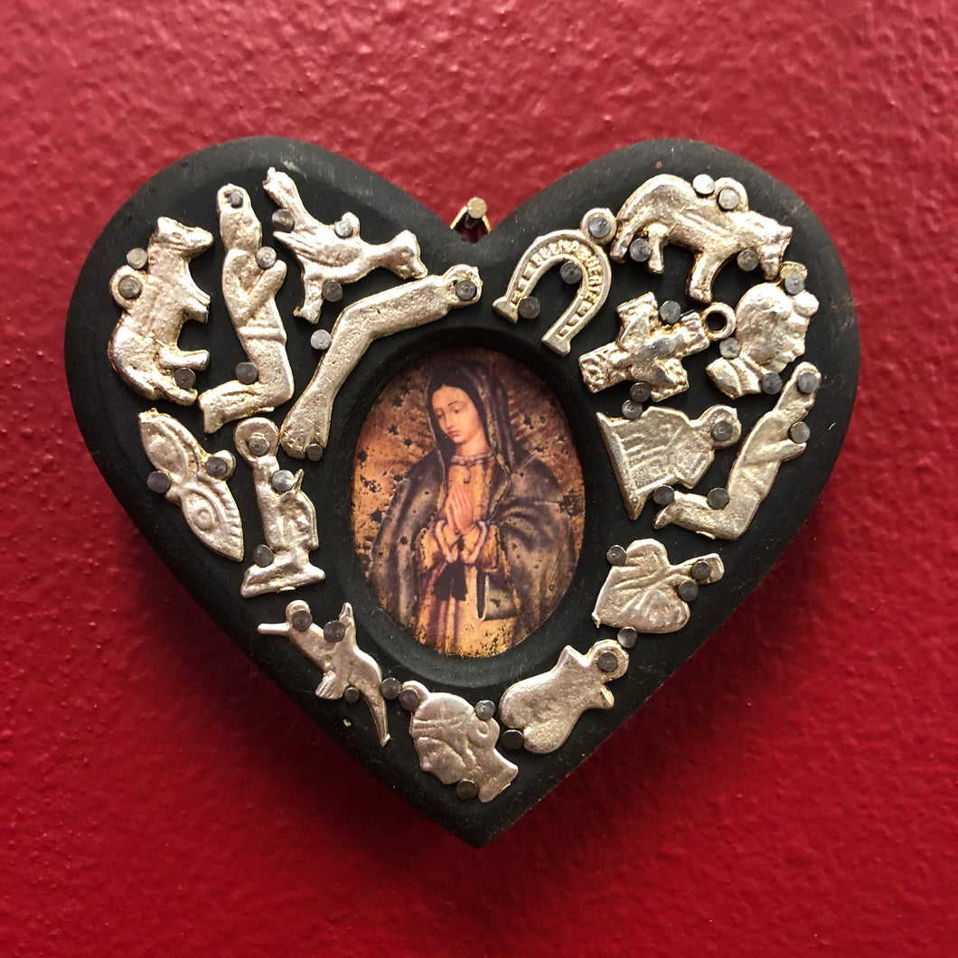 Hand-Carved Milagro Heart with Virgin Mary Oil Painting