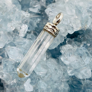 Himalayan Clear Crystal Quartz Pencil Pendant w Sterling Bale