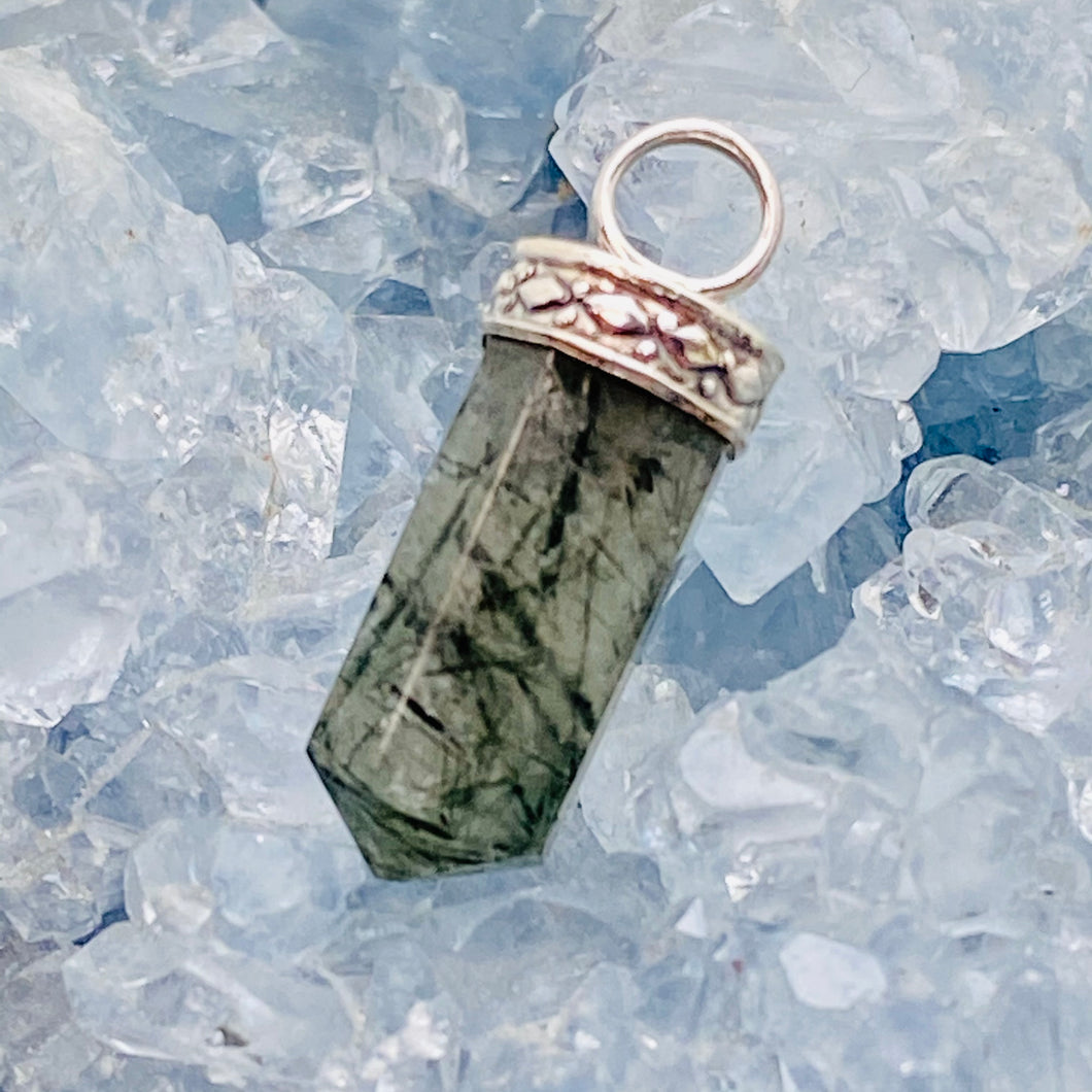 Tourmilated Quartz Pencil Pendant w Sterling Bale