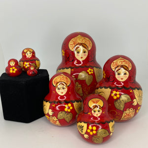 Russian Matryoshka Nesting Doll Set, Red Rounded