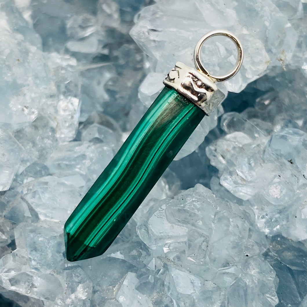 Malachite Pencil Pendant w Sterling Bale